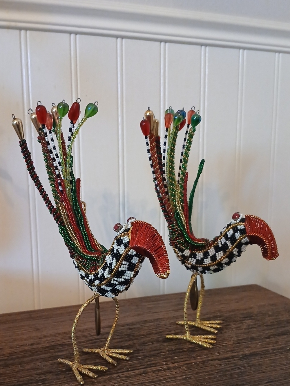 Mackenzie-childs Courtly Check Napkin Rings Beaded Bird Handmade Whimsical
